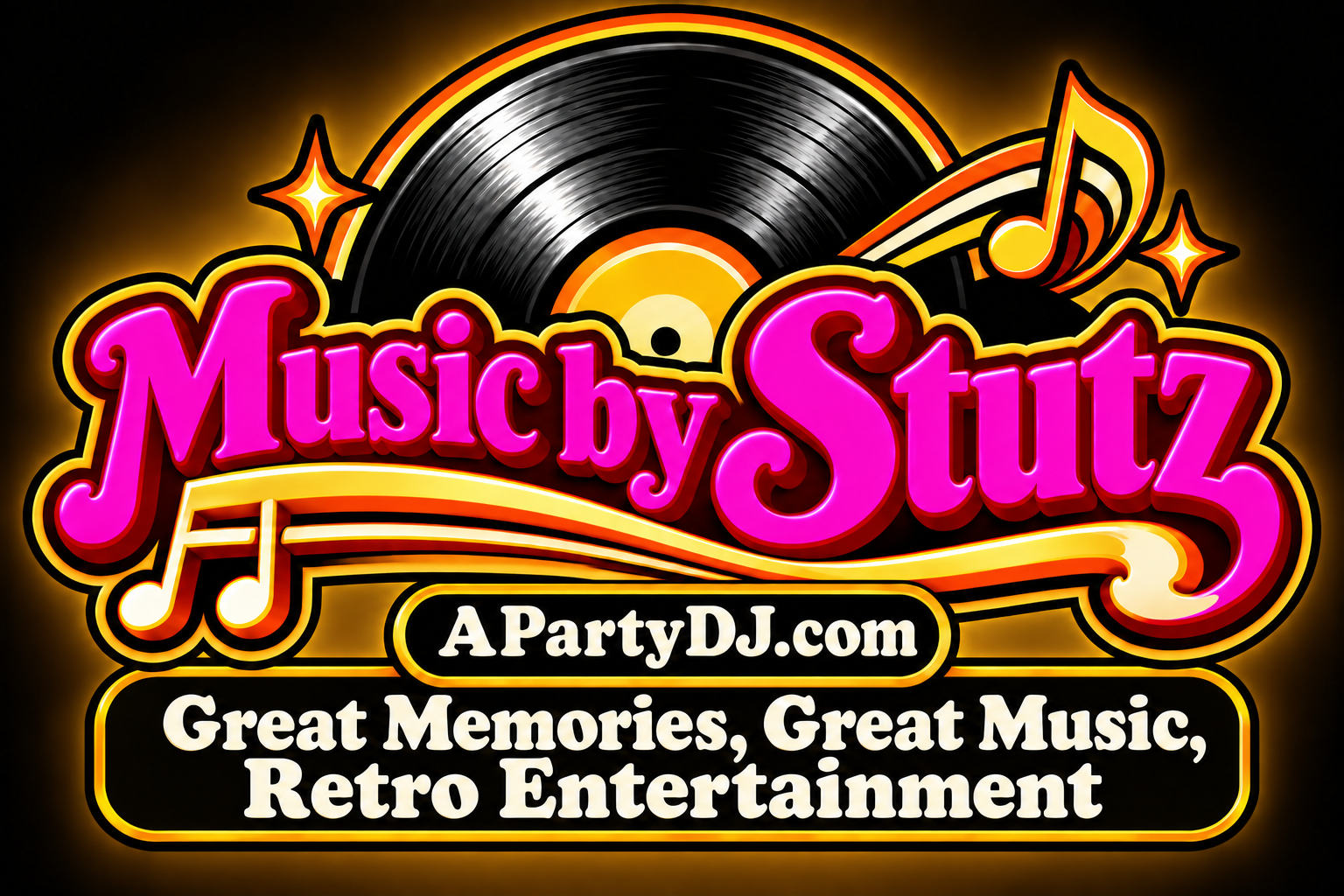 Music By Stutz retro pink and gold logo with vinyl record, APartyDJ.com and tagline